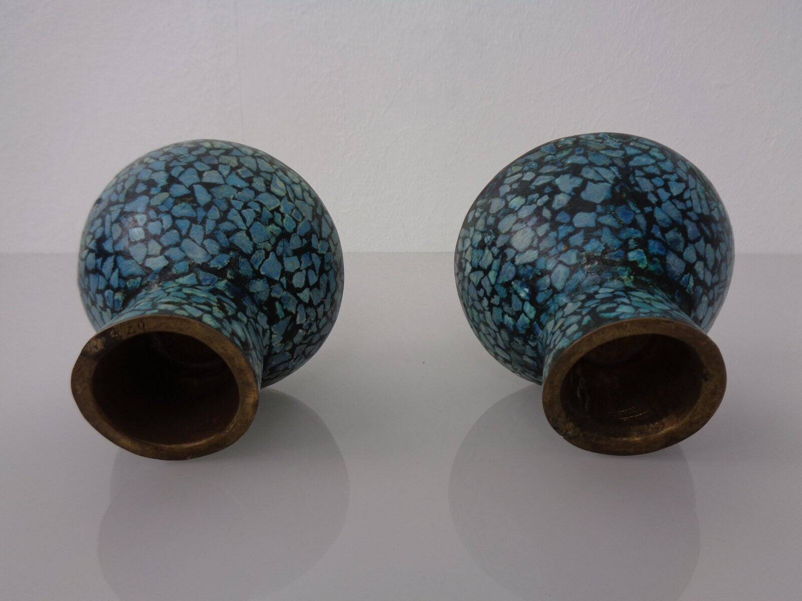 Vintage Indian Copper & Turquoise Stone Ashtrays, 1960s, Set of 2