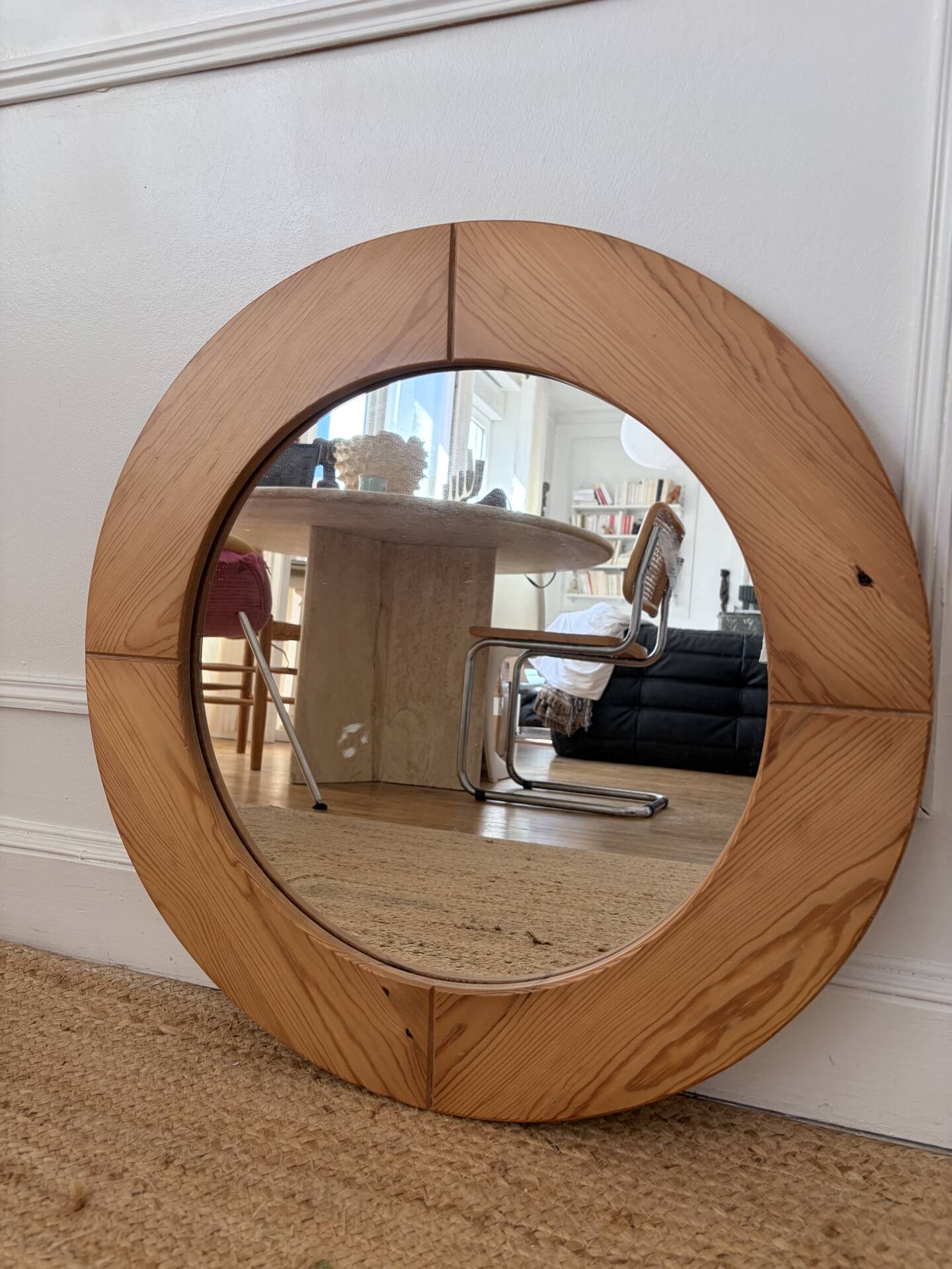 Round Scandinavian pine mirror from the 1970s.