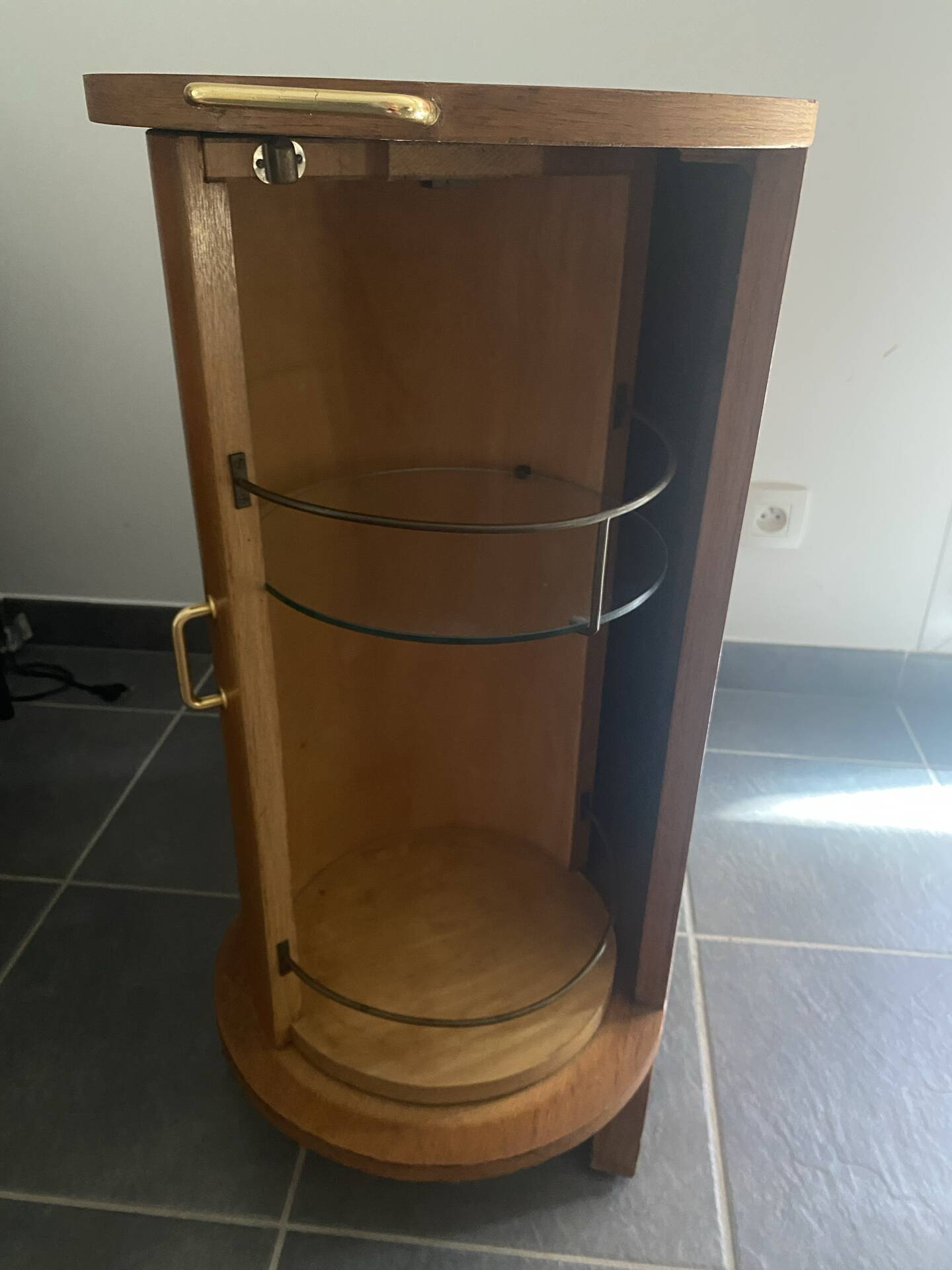 Rotating wooden bar cart from the 1950s.