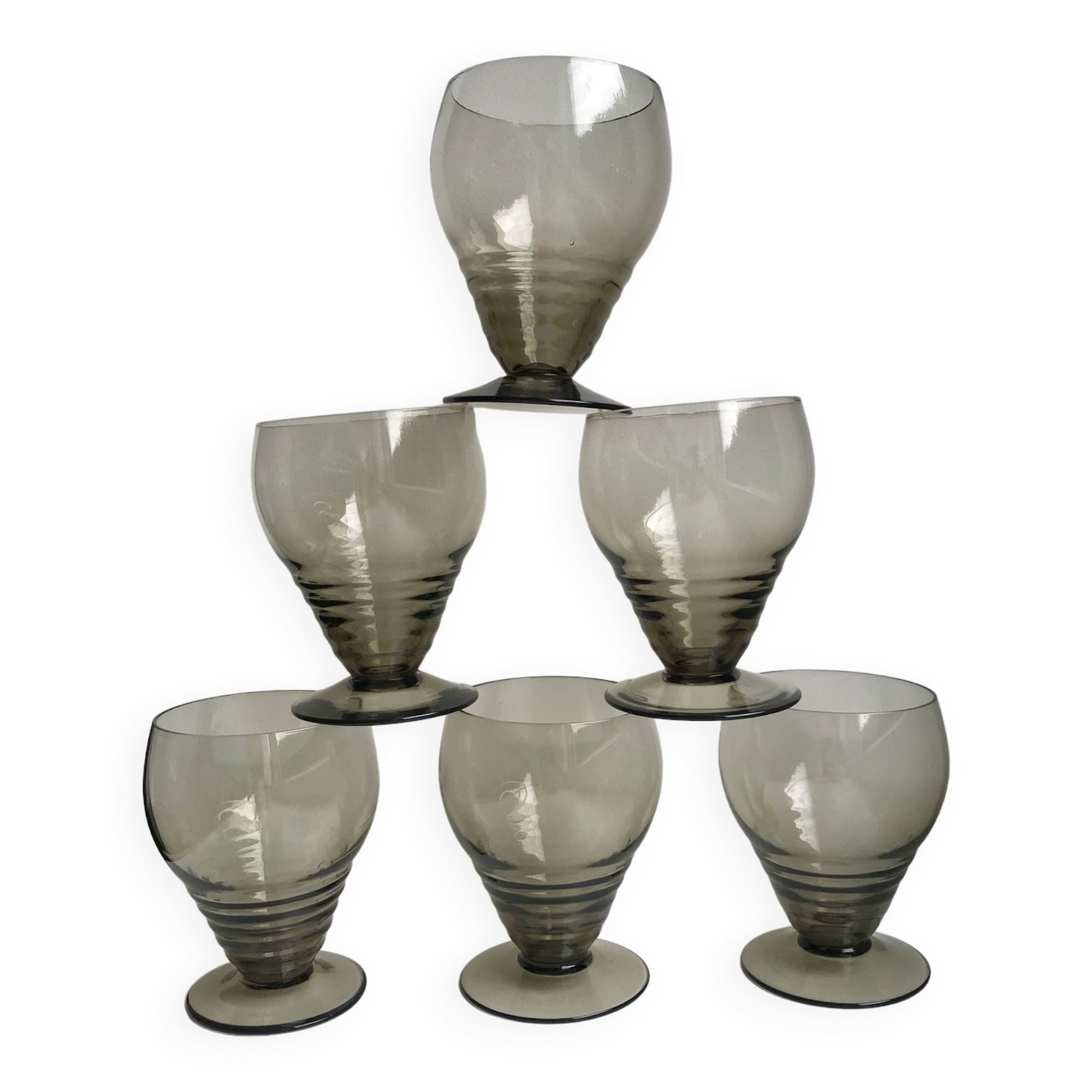 Set of 6 small art deco design wine glasses in smoked glass 30-40s