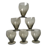 Set of 6 small art deco design wine glasses in smoked glass 30-40s