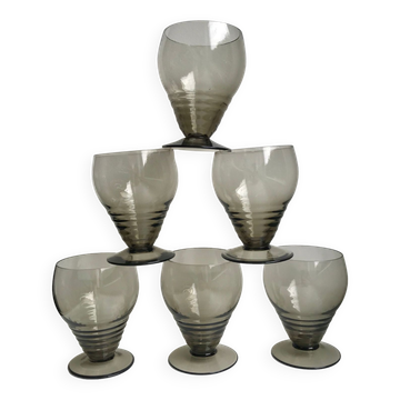 Set of 6 small art deco design wine glasses in smoked glass 30-40s