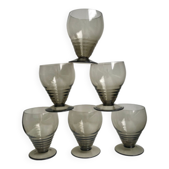 Set of 6 small art deco design wine glasses in smoked glass 30-40s