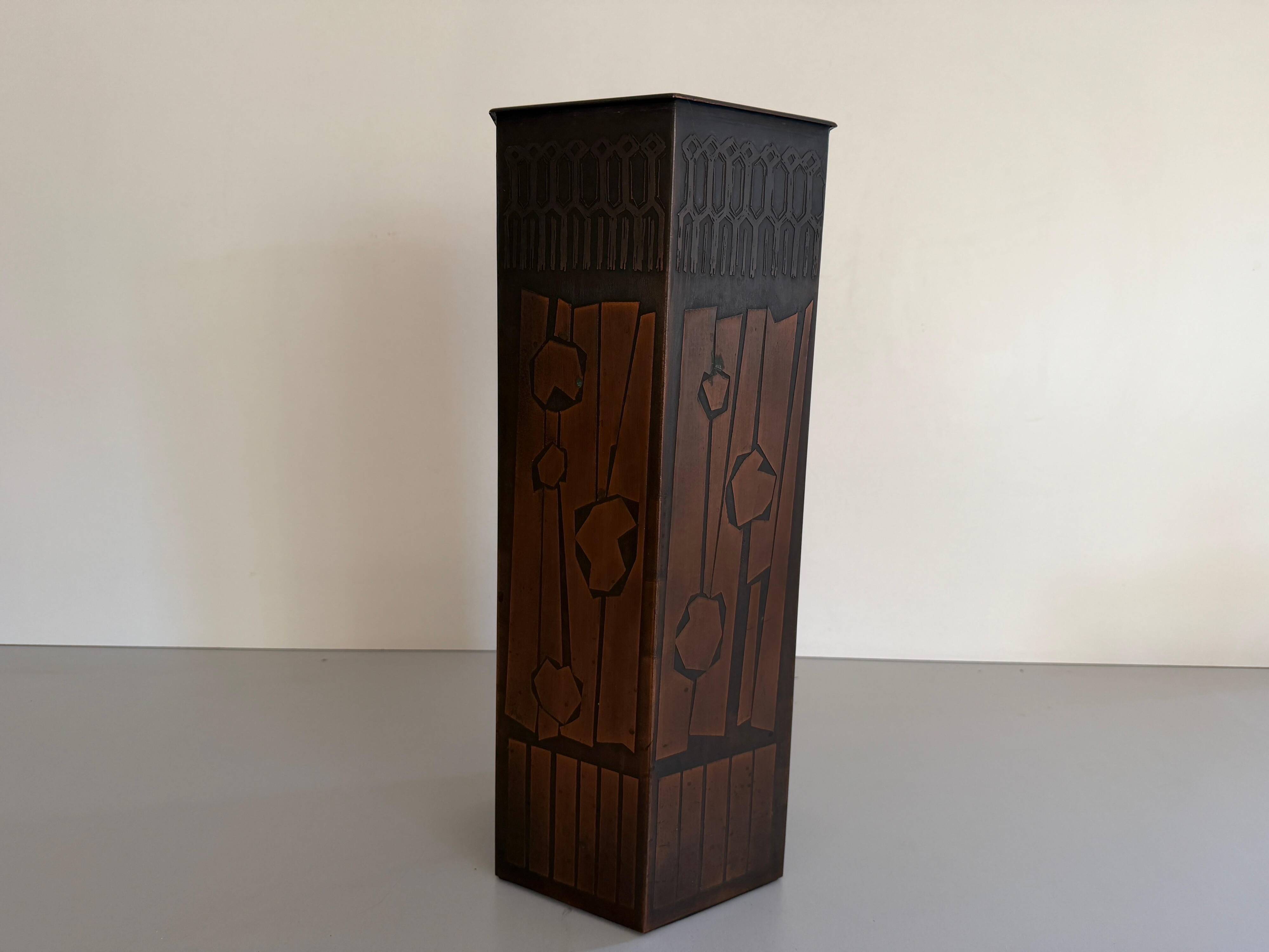 Hexagonal copper umbrella stand signed by the artist, 1960s, Italy.