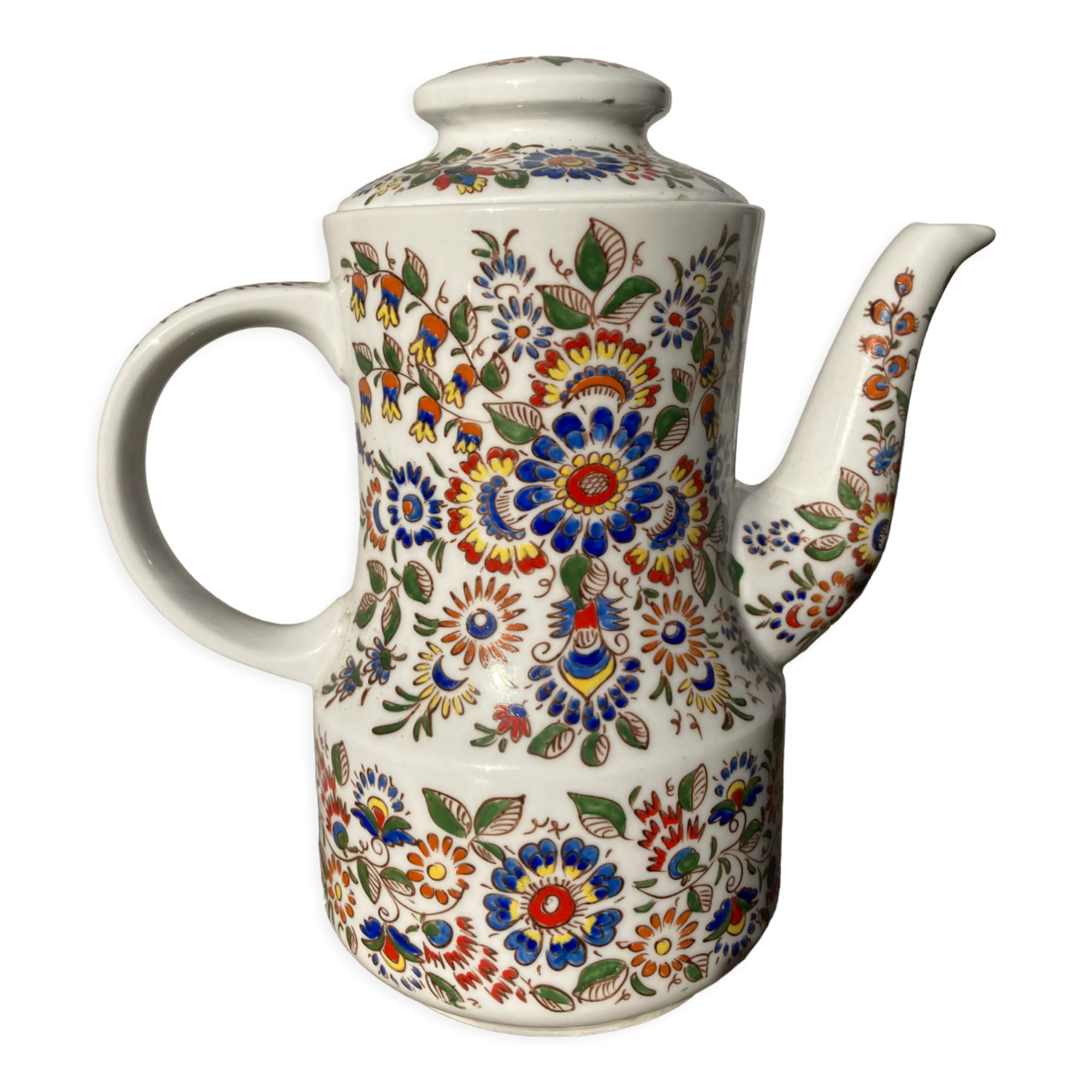 White hand-painted porcelain teapot with flowers Poland 1970s