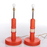 Ensemble de lampes de table rembourrées en cuir orange français années 1960