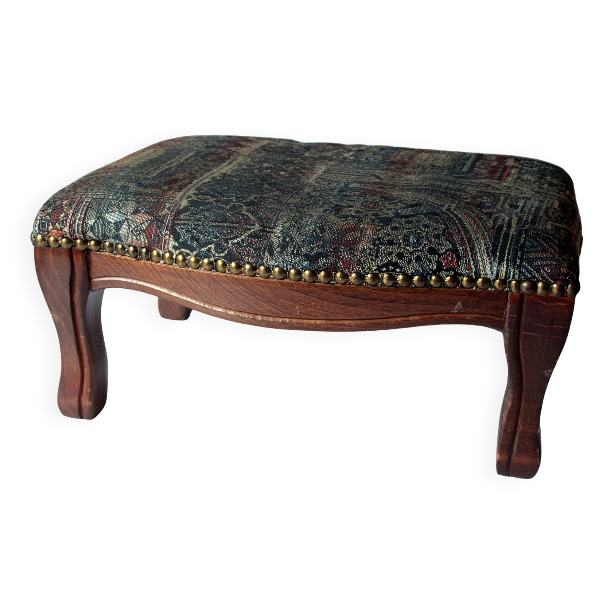 Small foot stool made of wood with upholstery, vintage from the 70s