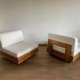 Pair of solid elm low chairs from Maison Regain, 1960