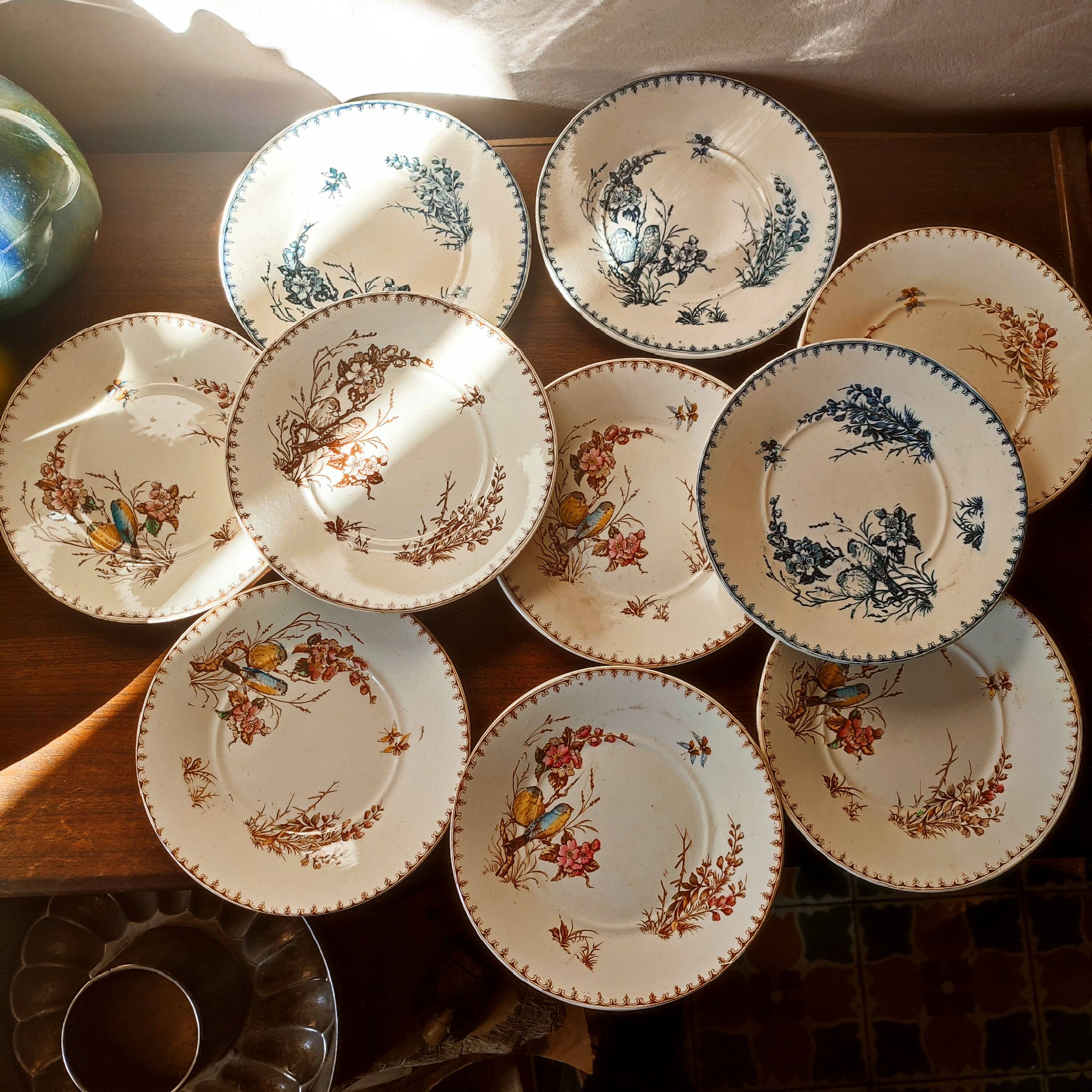 10 Lunéville earthenware plates, "Mésanges" pattern