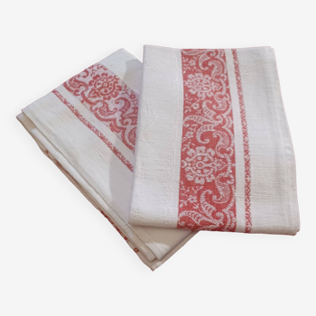 2 old red and white damask napkins