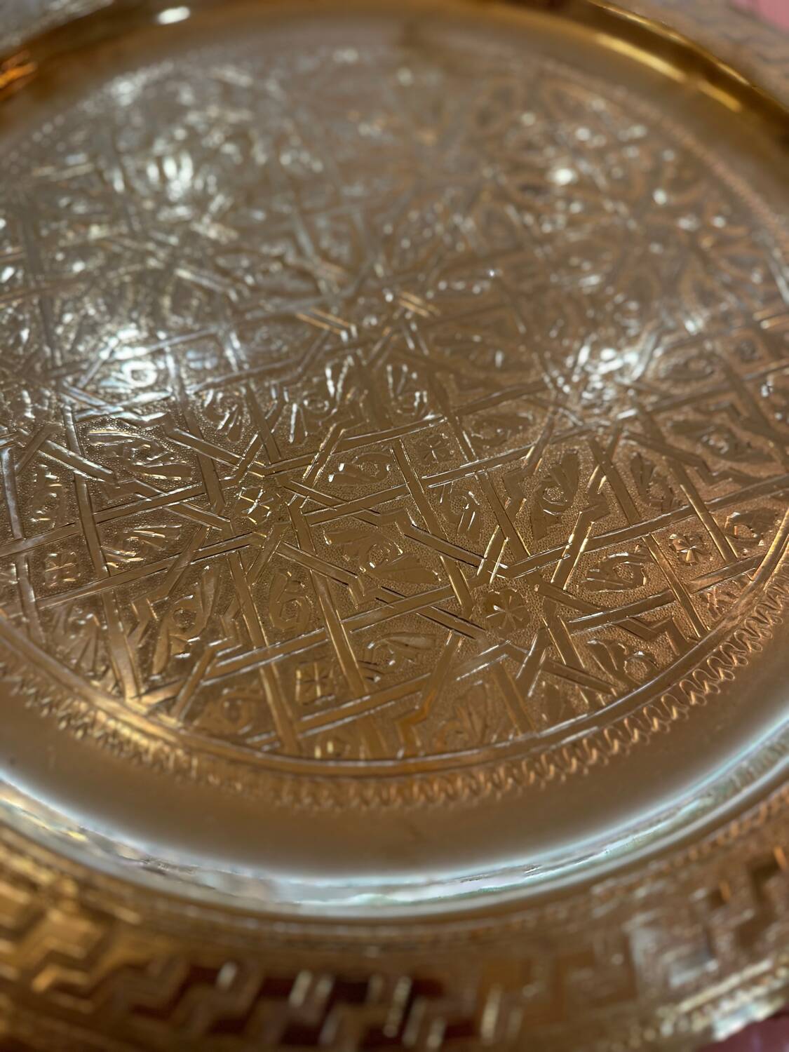 Moroccan tea tray gilded brass engraved oriental 40 cm