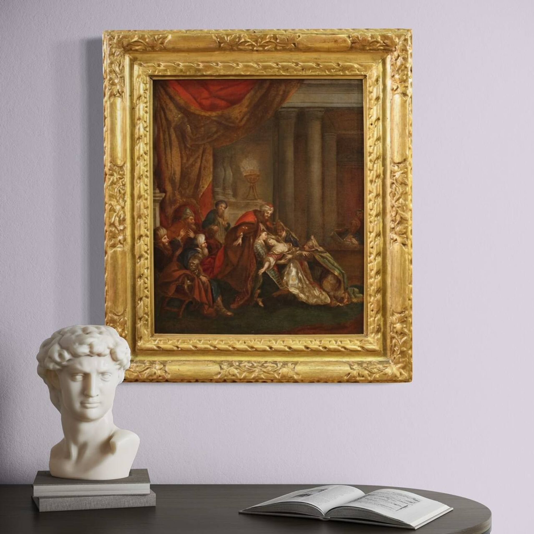 Antique painting from the 18th century, Esther fainting before Ahasuerus
