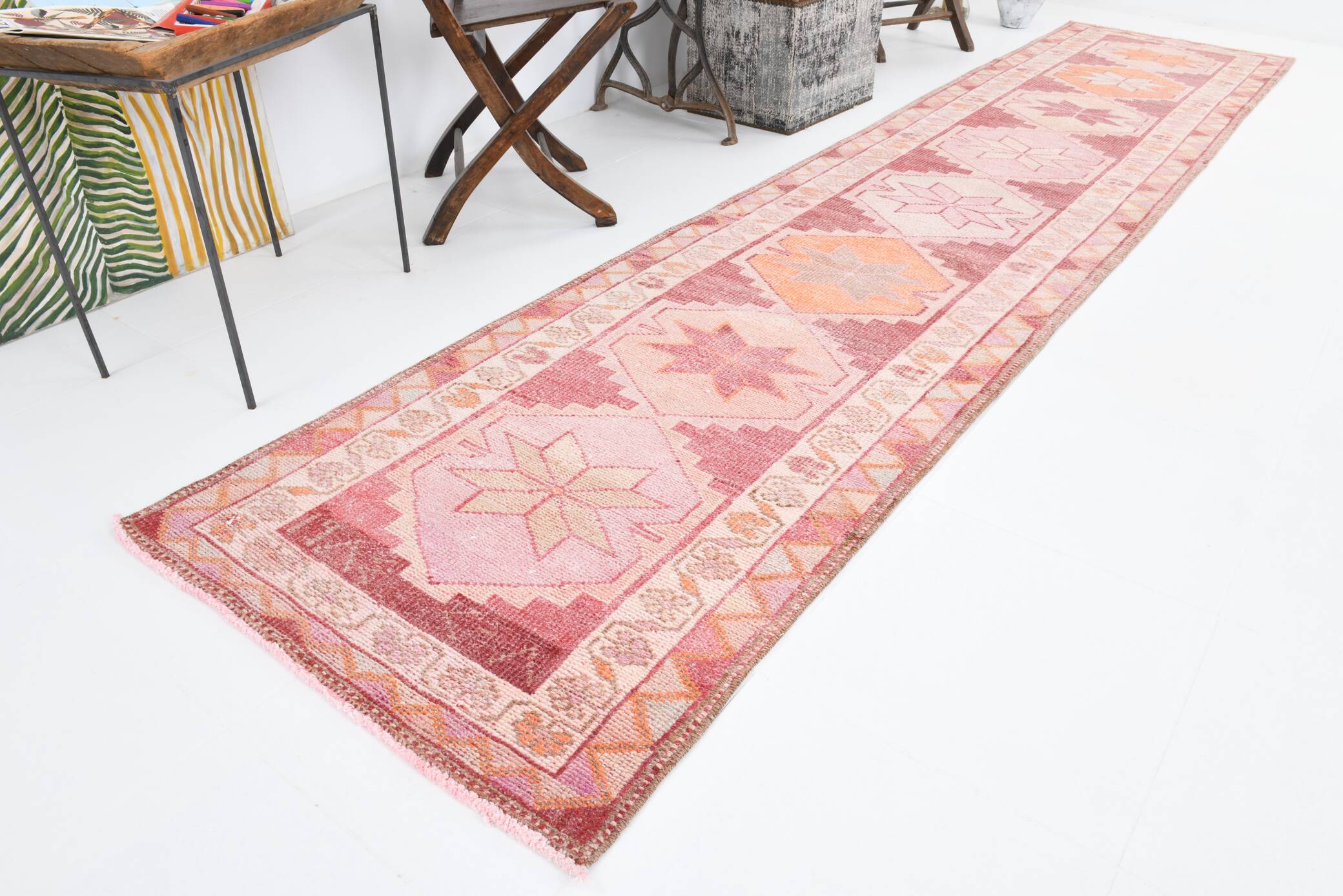 3x13 Rug For Kitchen Red Beige Oushak Vintage Runner Rug, 83x386Cm