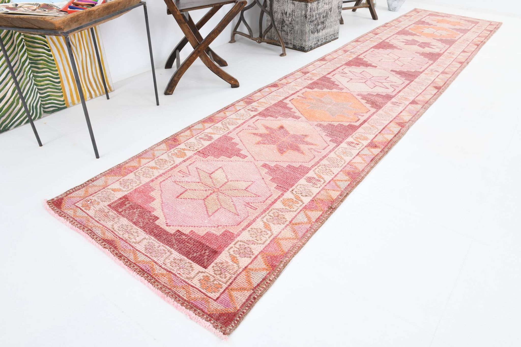 3x13 Rug For Kitchen Red Beige Oushak Vintage Runner Rug, 83x386Cm