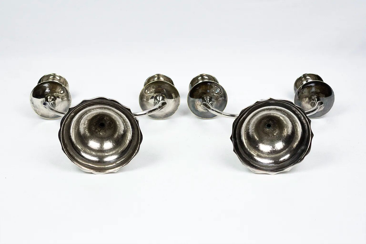 Pair of candlesticks | antique two-armed candelabra in silver-plated metal