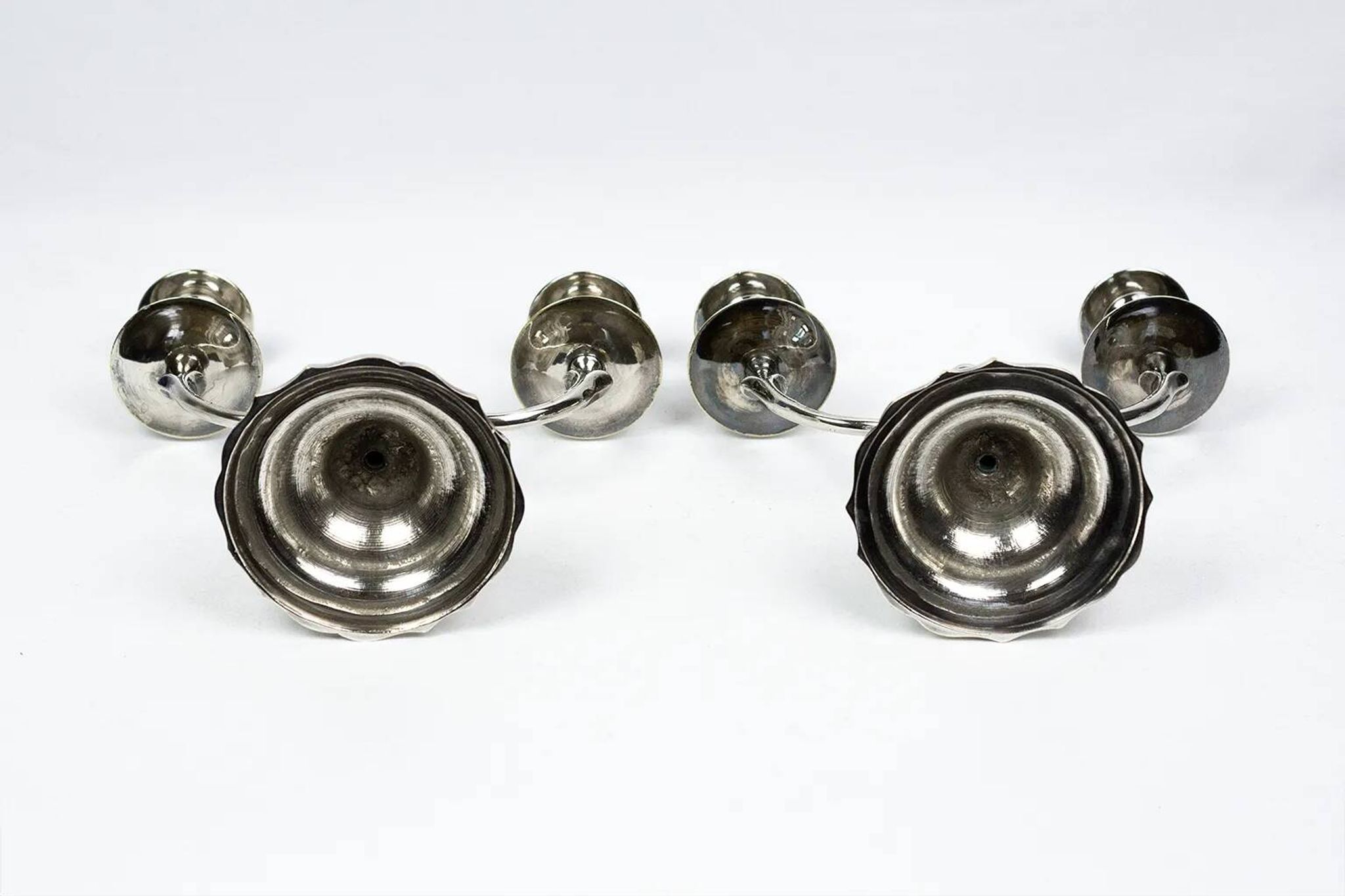 Pair of candlesticks | antique two-armed candelabra in silver-plated metal