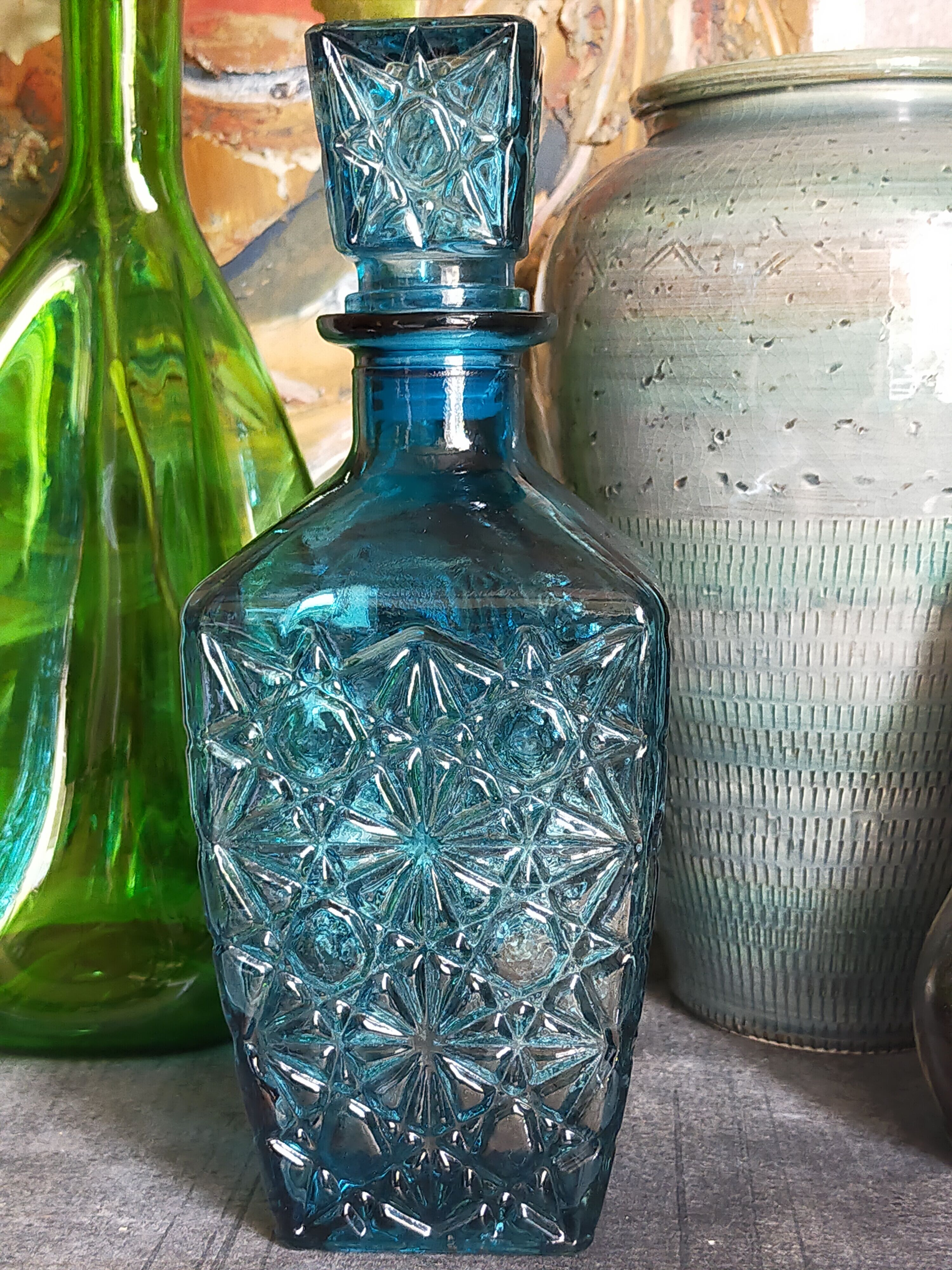 Vintage blue glass whiskey decanter