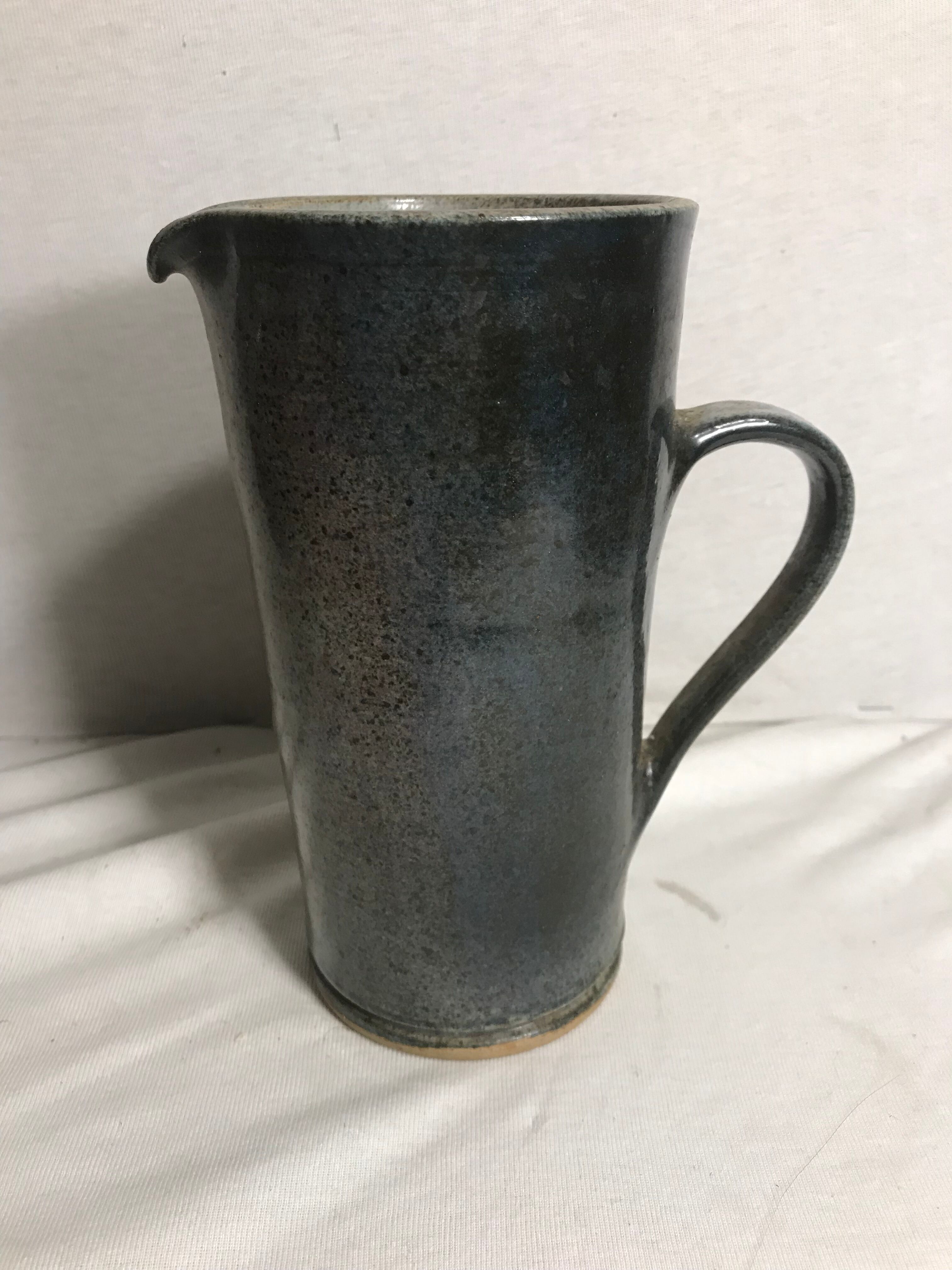 Enamelled ceramic pitcher, 70s, in blue gray