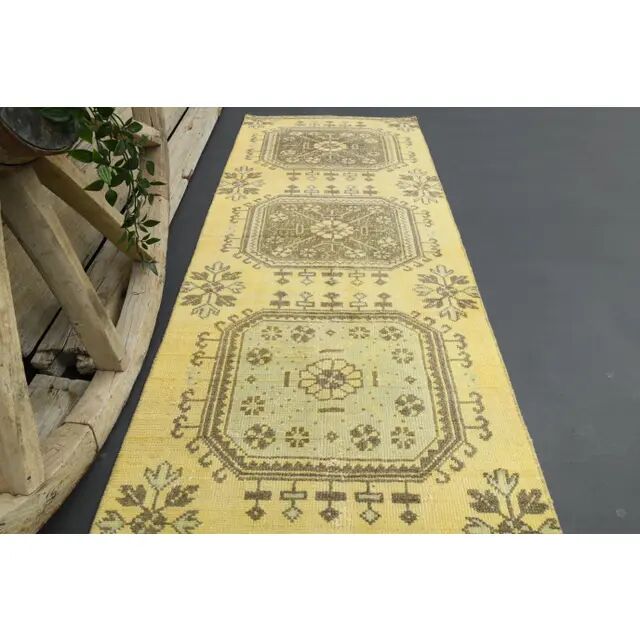 1970s Turkish Oushak Handmade Wool Cotton Yellow Runner 76x302