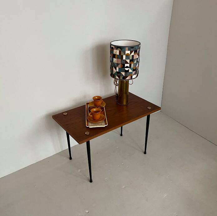 Table basse vintage bois, laiton, métal