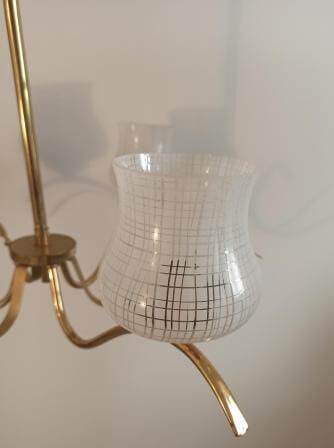 Vintage gold 3-light chandelier and white printed glass