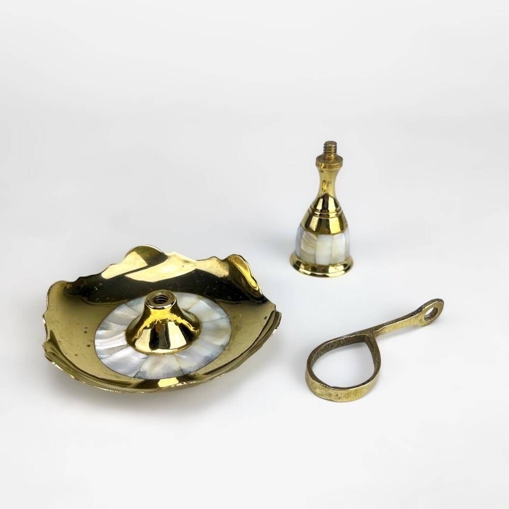 Duo of vintage brass and mother-of-pearl cellar rat candlesticks