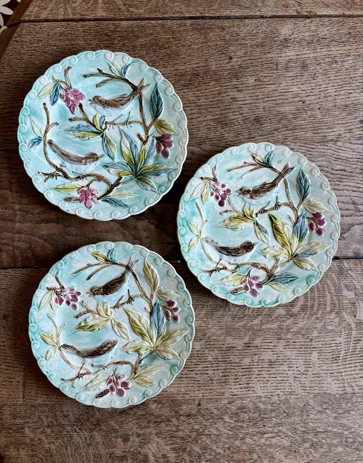 Set of 3 antique plates in majolica with bird designs.
