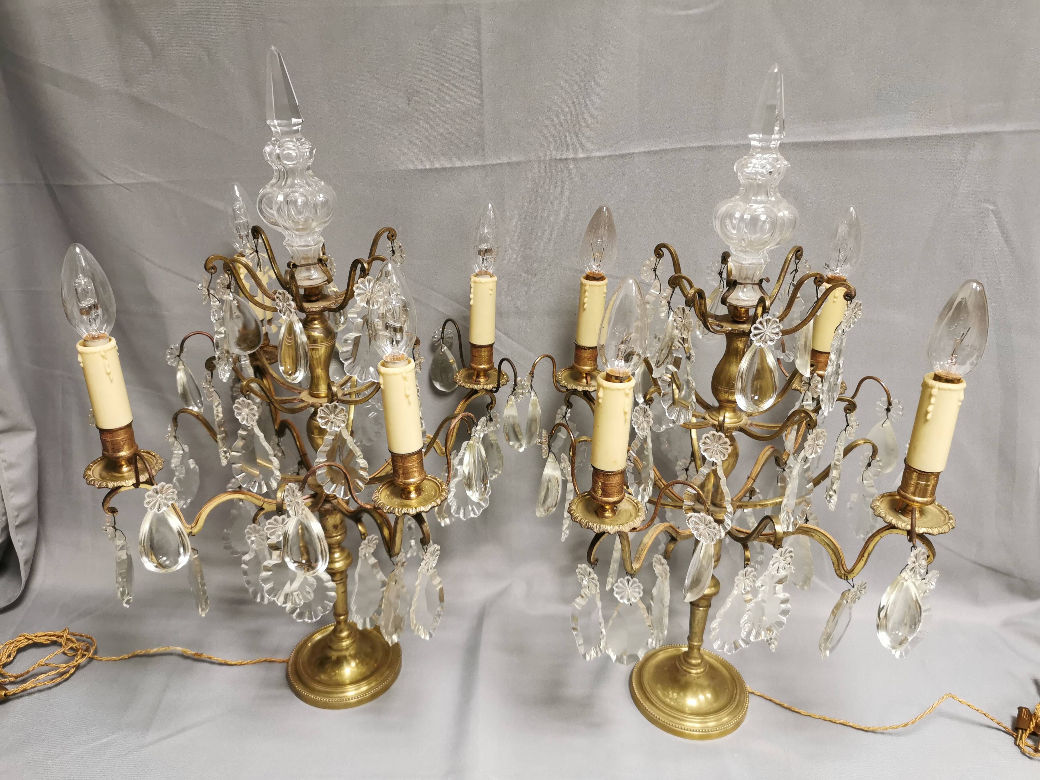 Pair of large electrified girandole candlesticks with crystal tassels