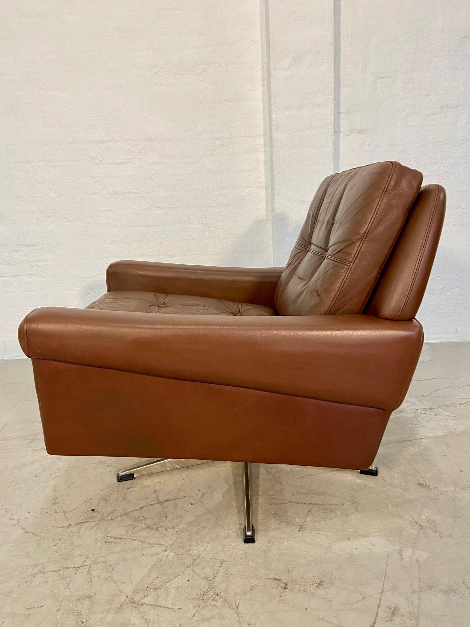 Vintage danish retro mid-century svend skipper brown leather chair & stool 60s