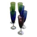 Set of 7 champagne flutes in colored glass and transparent base, vintage