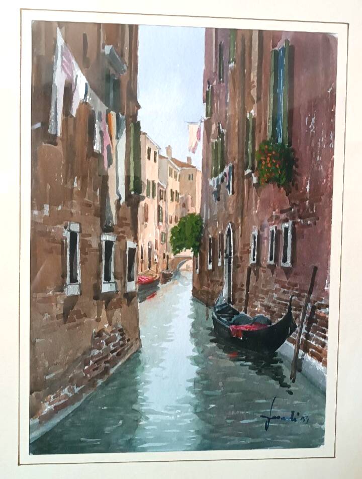 Watercolor depicting a glimpse of a canal in Venice or Chioggia signed