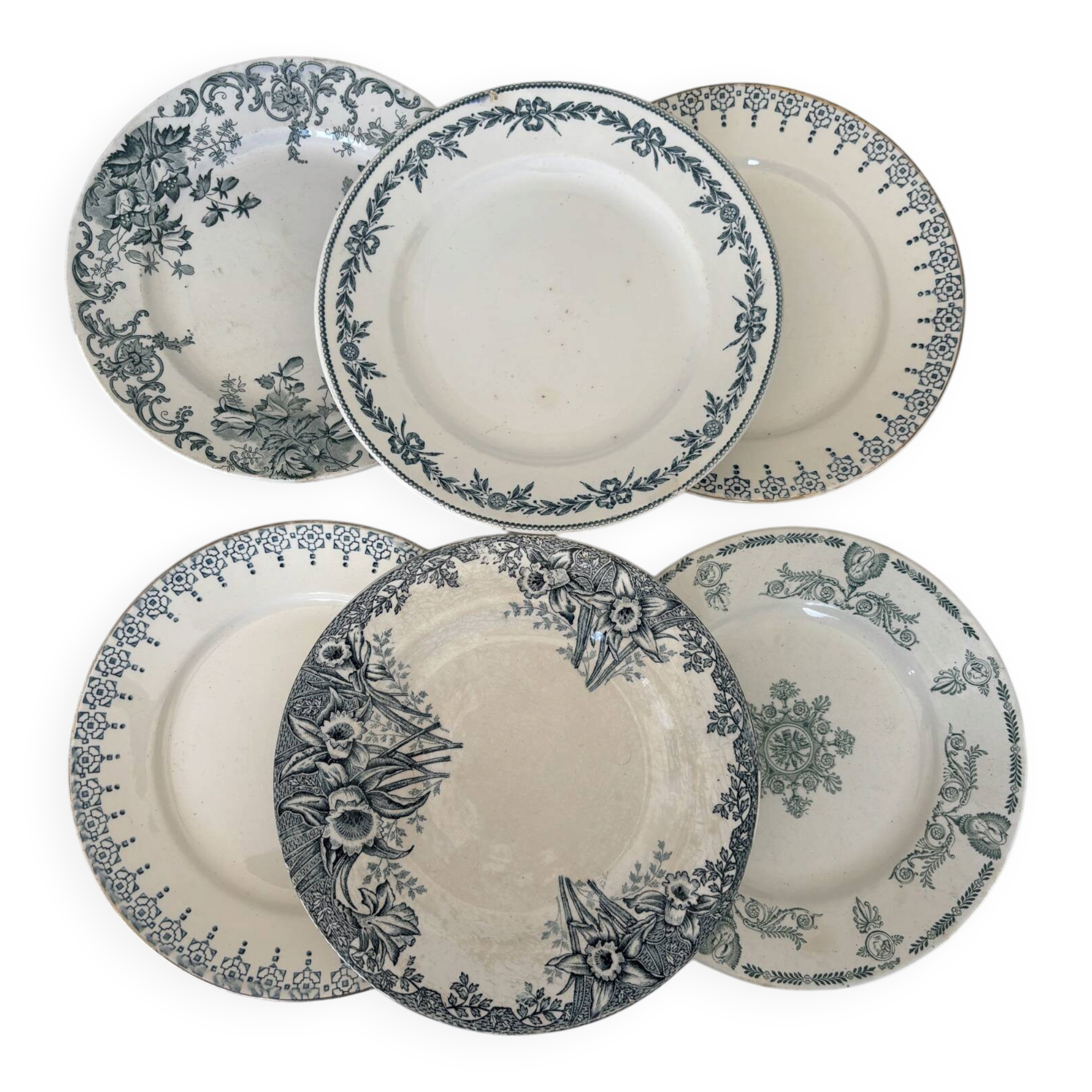 Lot 6 assiette à dessert terre de fer bleu vert plate faïence français