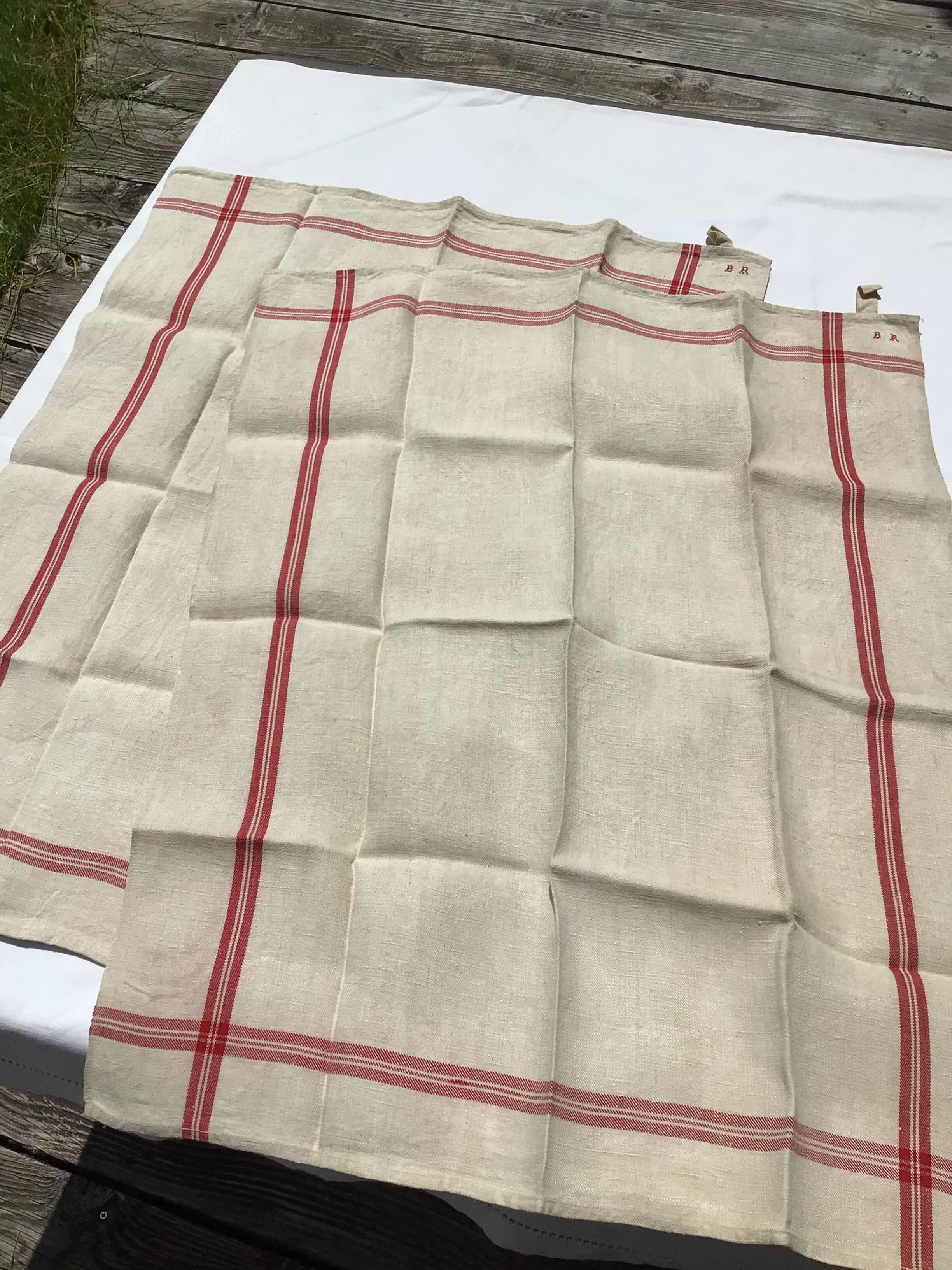 Pair new linen towels embroidered BR triple red stripe