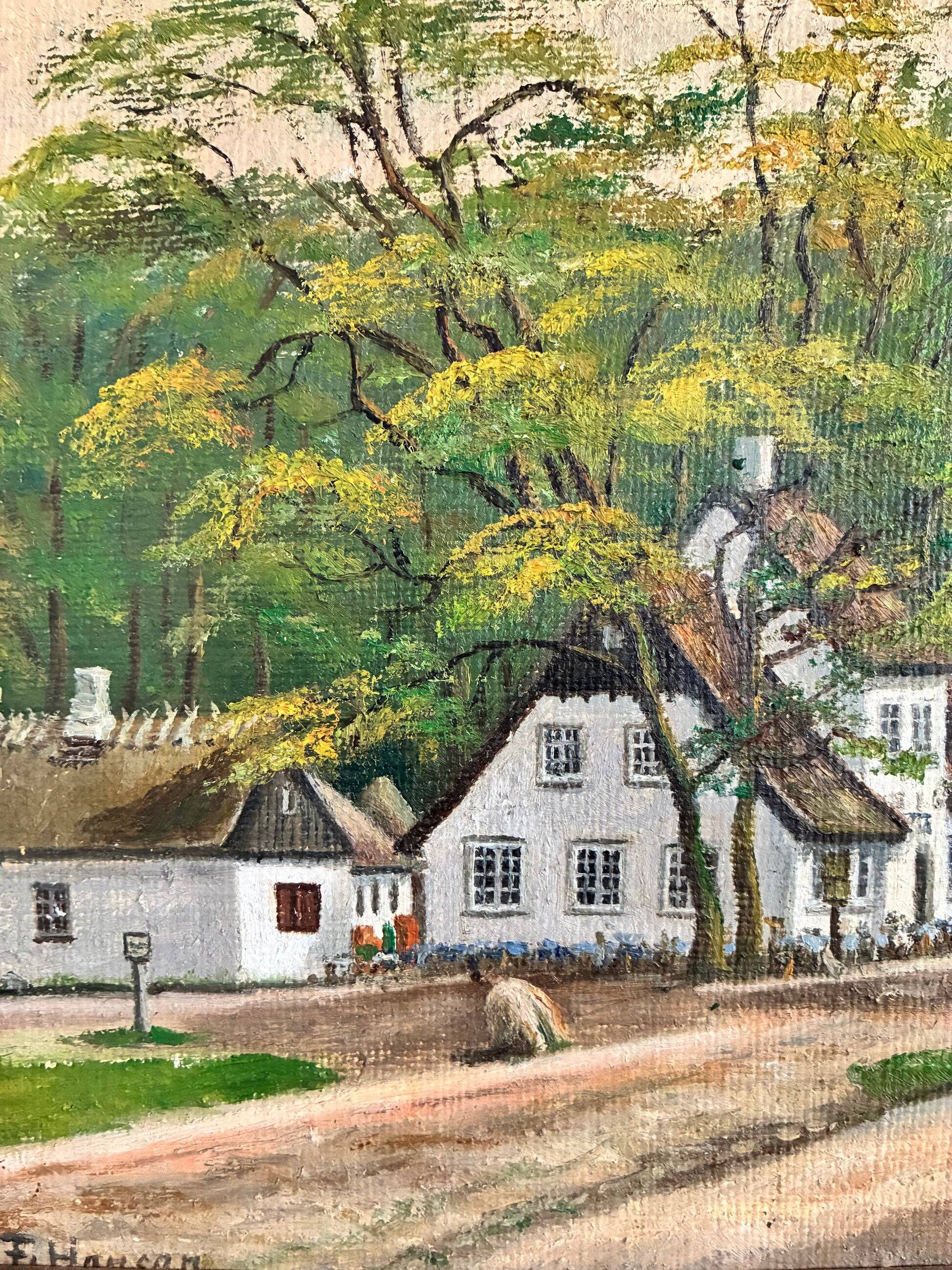 Vintage signed cottage landscape oil painting