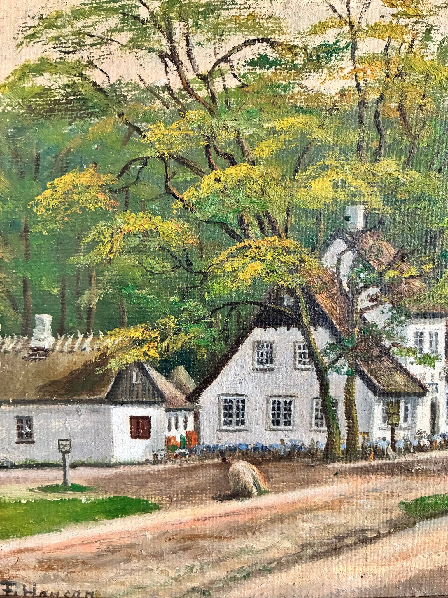 Peinture à l'huile de paysage de cottage vintage signée