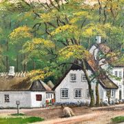 Peinture à l'huile de paysage de cottage vintage signée
