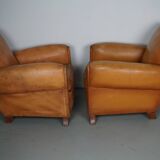 Pair of French Cognac Moustache Back Leather Club Chairs, 1950s