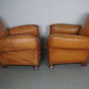 Pair of French Cognac Moustache Back Leather Club Chairs, 1950s
