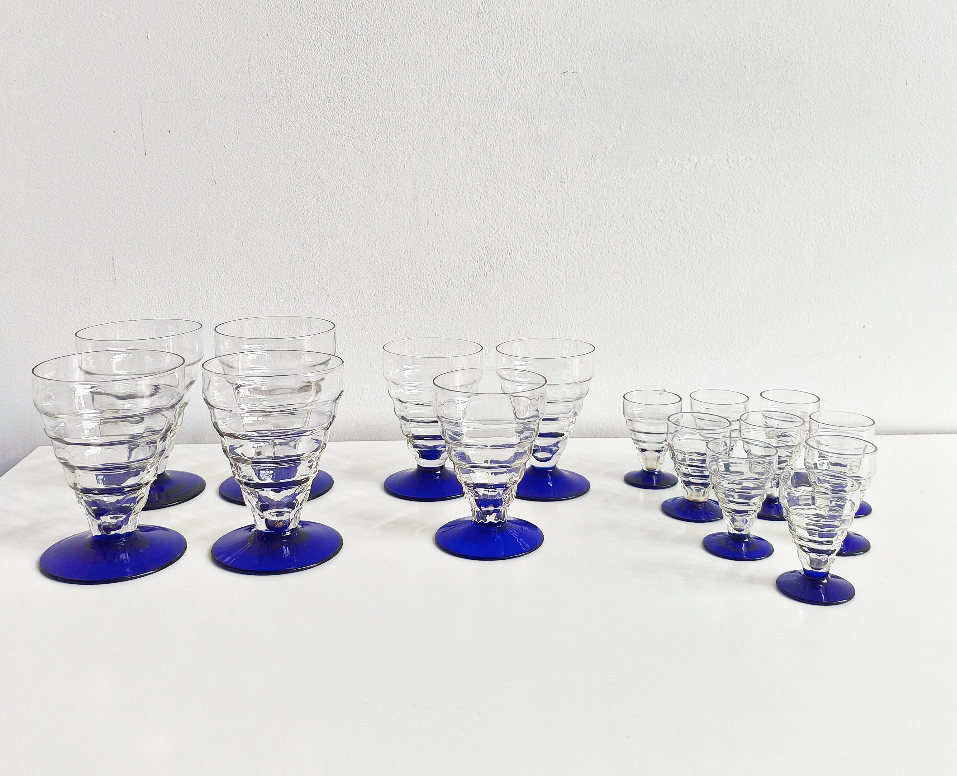 Set of 16 antique Art Deco cobalt blue stemmed glasses