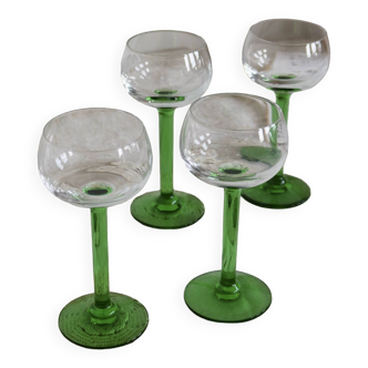 4 vintage liqueur glasses with green tulip base