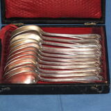 Old box of 12 small white metal spoons