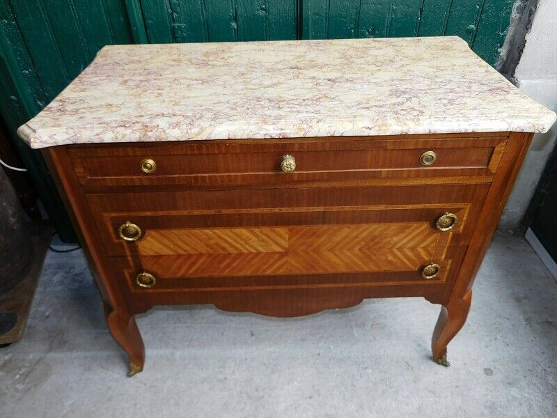Commode 3 tiroirs plateau marbre style louis xvi en bois de rose