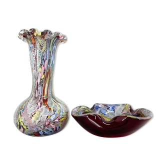 Set of italian avem millefiori flower art glass vase and ashtray, 1970's
