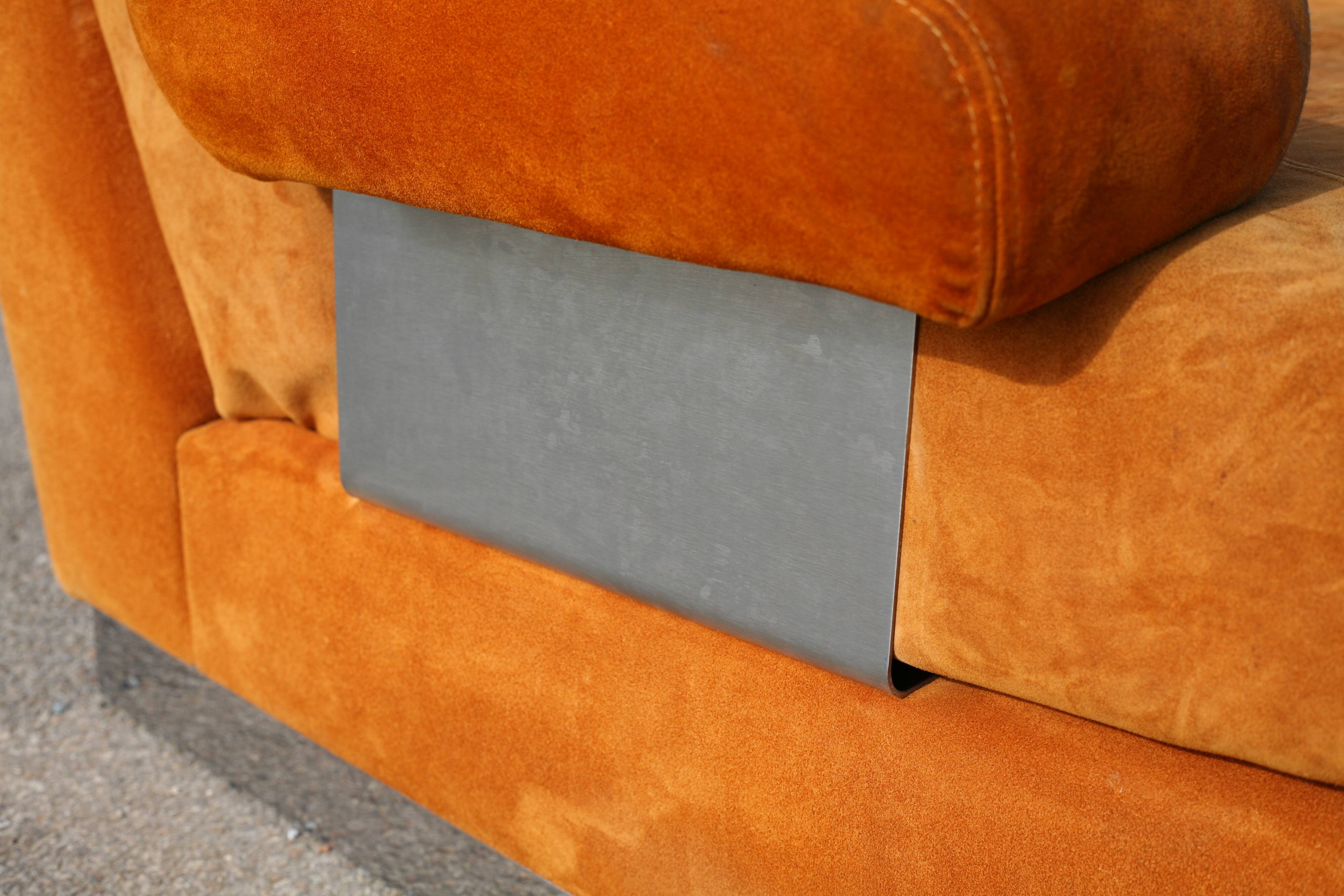 Orange suede leather and steel sofa. Circa 1970