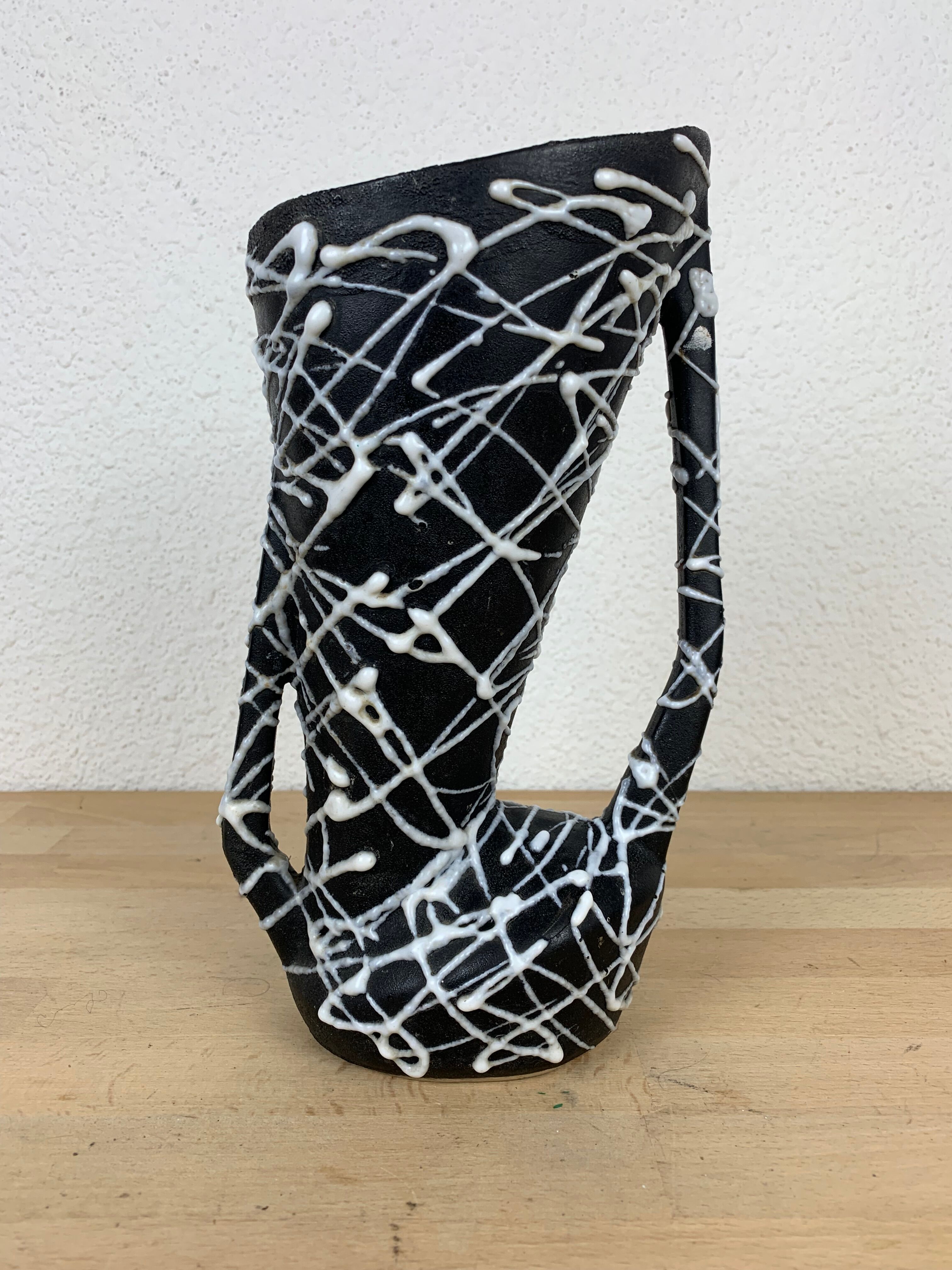 Spaghetti vase free form ceramic Vallauris 50s, red and black