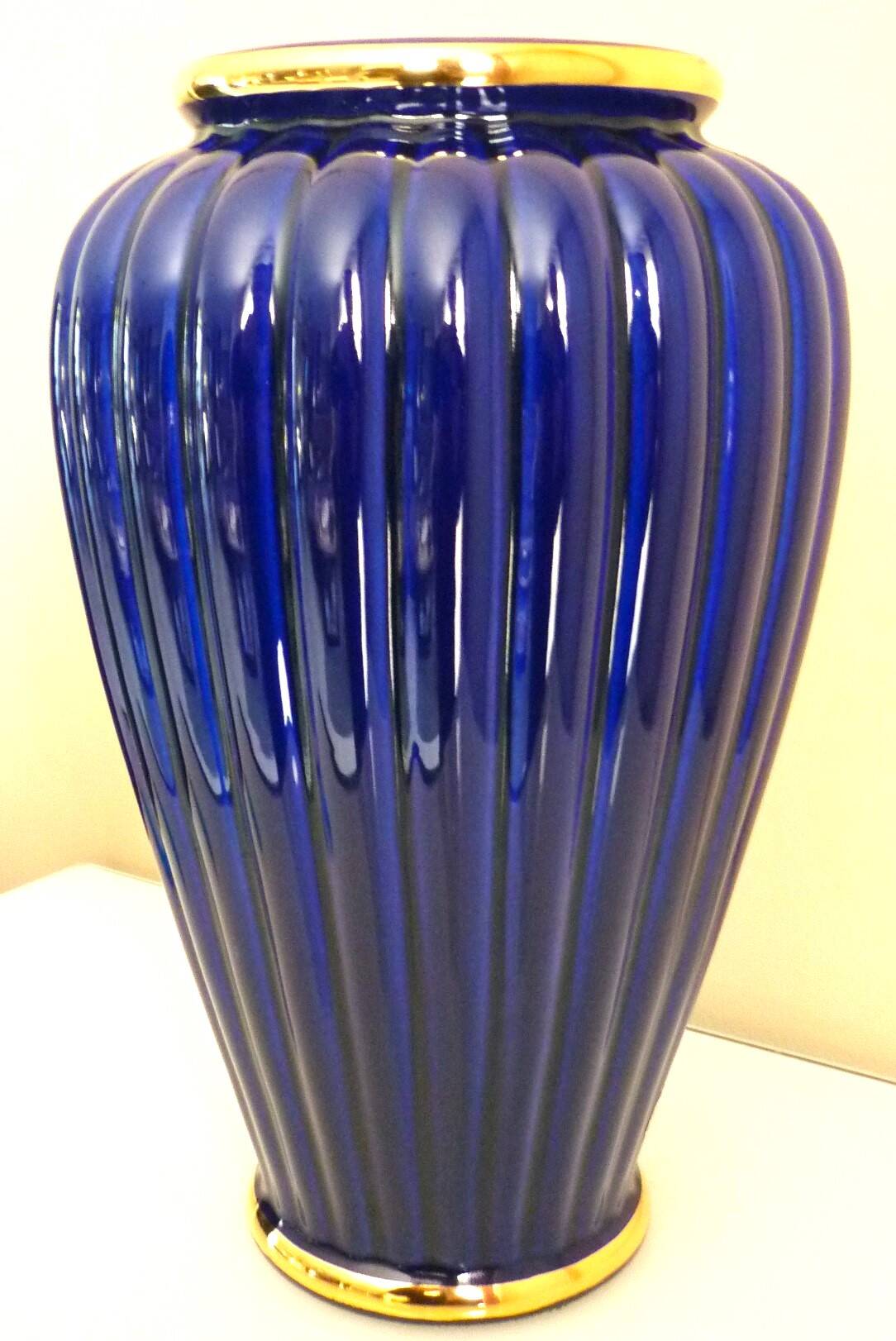 Vintage glazed ceramic vase, cobalt blue and gilt, Lancel Paris