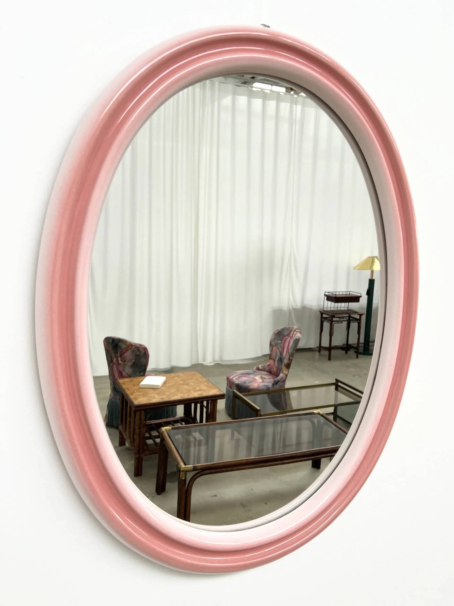 Large oval pink ceramic mirror (76cm) – vintage Italian design