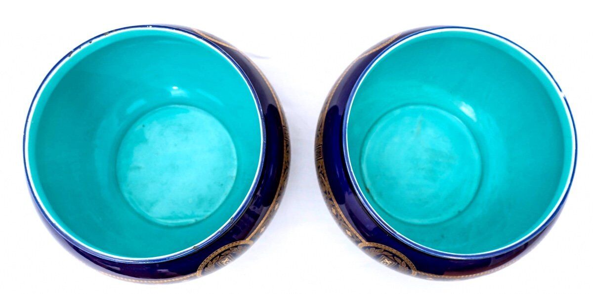 Pair of pot covers - signed and numbered sarreguemines - dark cobalt blue - xixth
