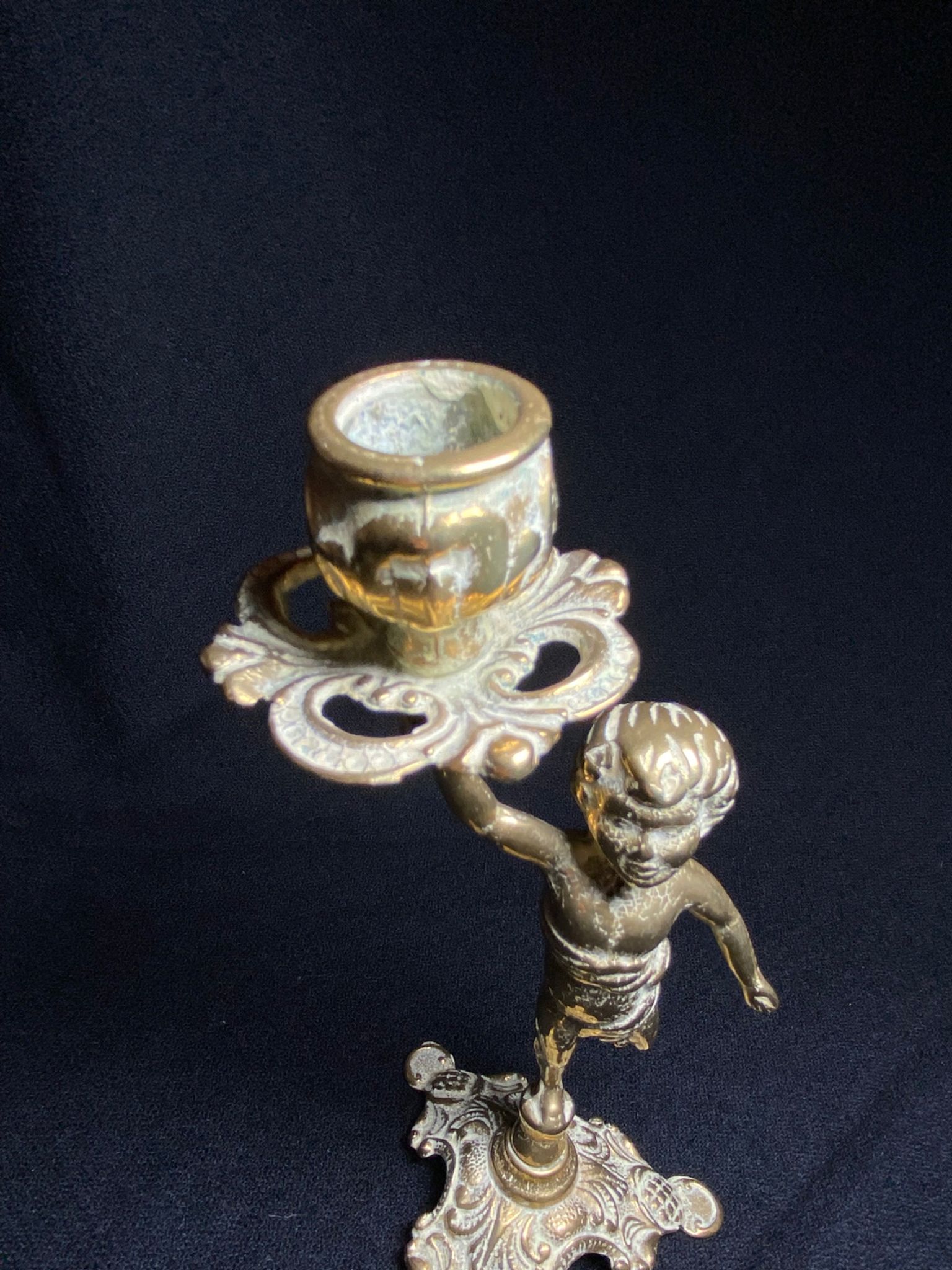 Pair of candlestick buds cherub angel brass