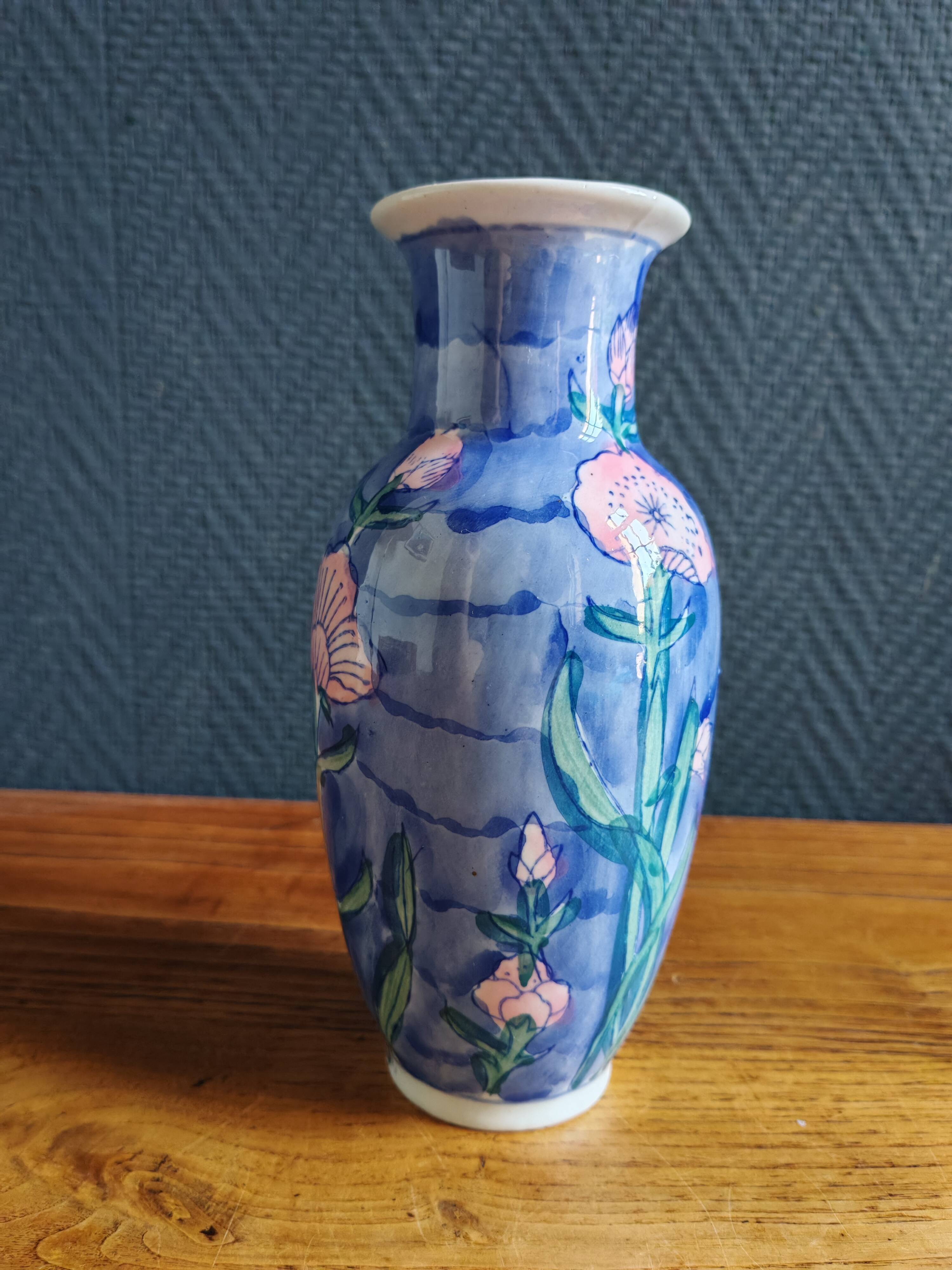 Vintage Blue Ceramic Vase with Pink Floral Decoration, Shabby Chic Style